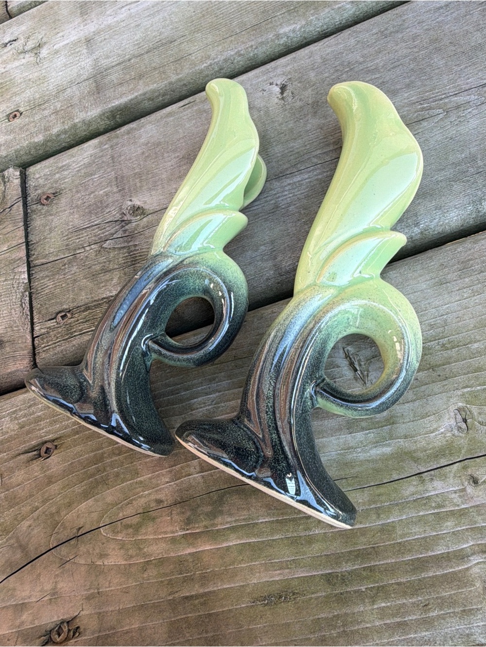 Vintage MCM Ceramic Candle Holders Pair Green Black Swirl Leaf 7" Retro